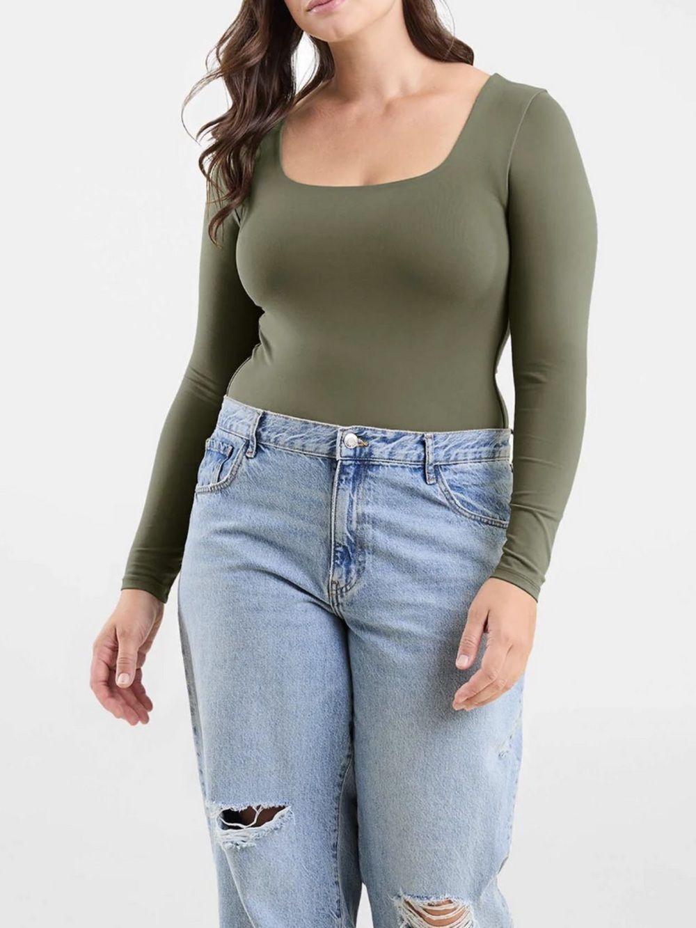 Nuuds Olive Green Square Neck Seamless Long Sleeve Bodysuit Size Small